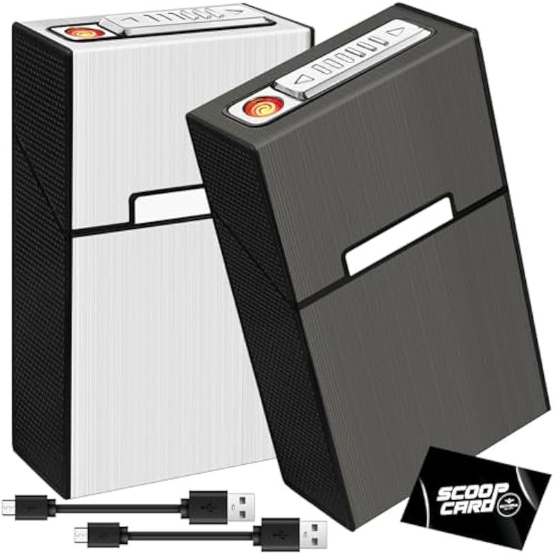 Cigarette Case with Lighter (2 Pack), 85mm King Size Magnetic Switch 20 Capacity Holder Case for Men Women, Cigarettes Smoking Accessories, Rechargeable Flameless Windproof Electric Lighters - Image 1